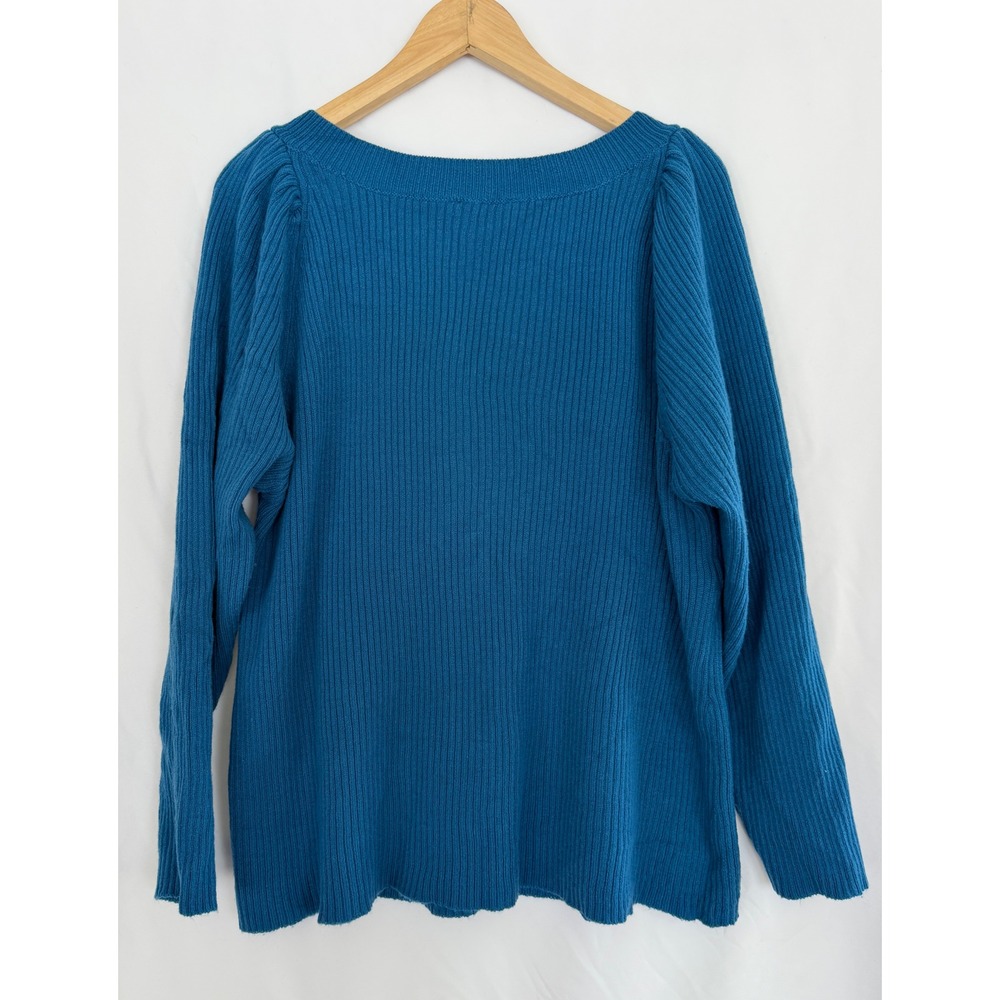 Ophelia Roe Womens Teal Blue Ribbed Square Neck Puff Sleeve Sweater 2X RN48711 - Picture 2 of 7
